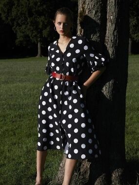 Zara Black & White Polka Dot Midi Dress with V-Neck. Size XL . Missing Belt